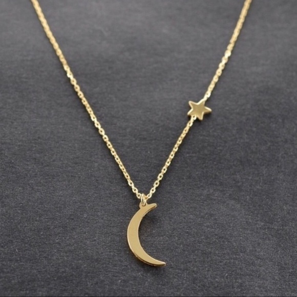 Gold Crescent Moon and Star Necklace - Picture 2 of 4